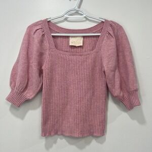 By Timo‎ Womens Top Merino Wool XS Pink Ribbed Stretch Puff Sleeve Soft Sweater